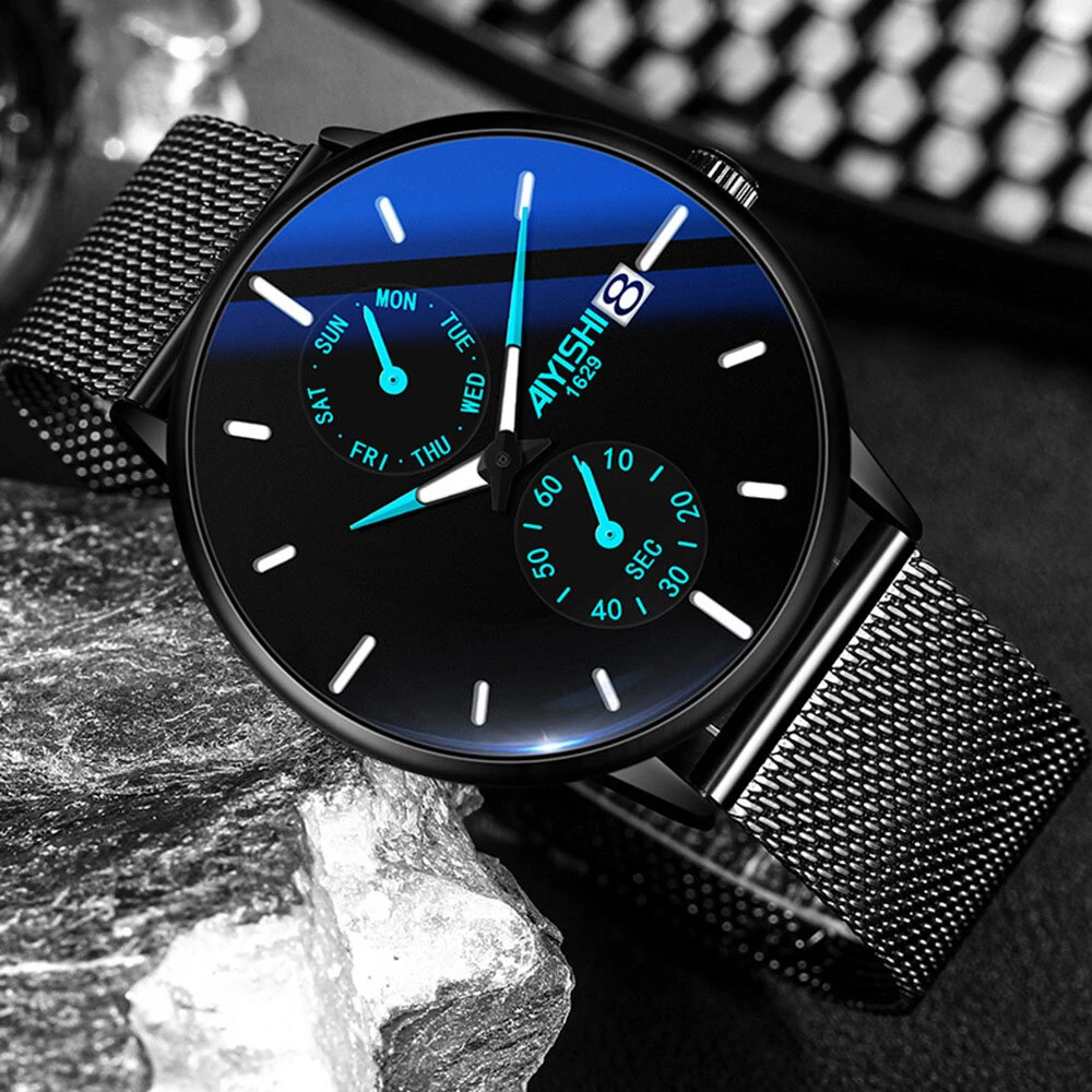 AIYISHI Men Simple Luxury Fashion Quartz Watch Luminous Waterproof Watch Stainless Steel Mesh Strap Sport Watch Fashion Wrist Watches — view 3