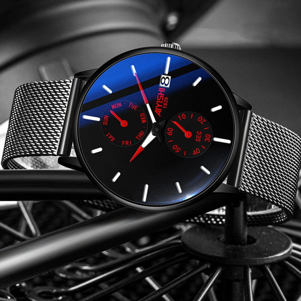 AIYISHI Men Simple Luxury Fashion Quartz Watch Luminous Waterproof Watch Stainless Steel Mesh Strap Sport Watch Fashion Wrist Watches — view 4