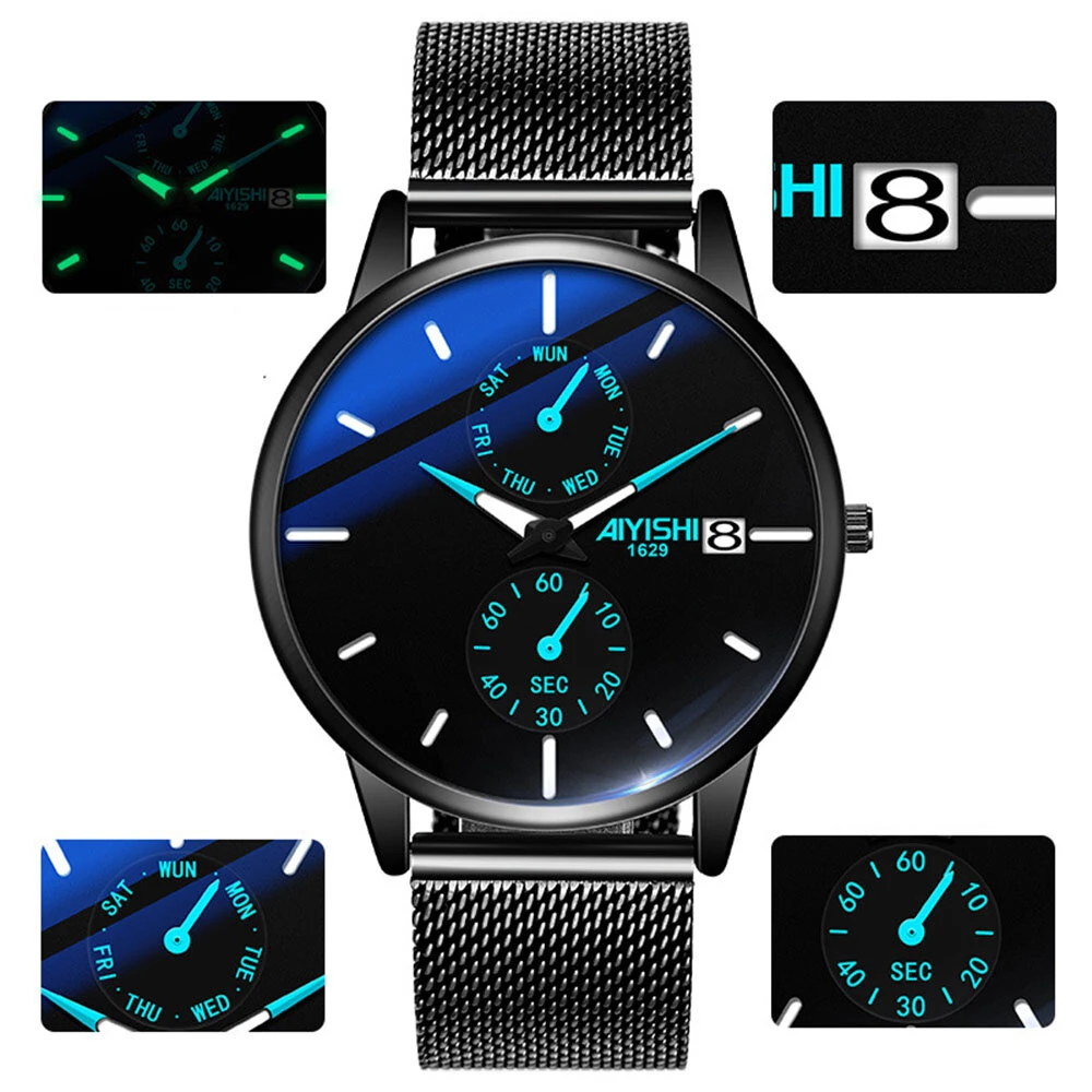 AIYISHI Men Simple Luxury Fashion Quartz Watch Luminous Waterproof Watch Stainless Steel Mesh Strap Sport Watch Fashion Wrist Watches — view 7
