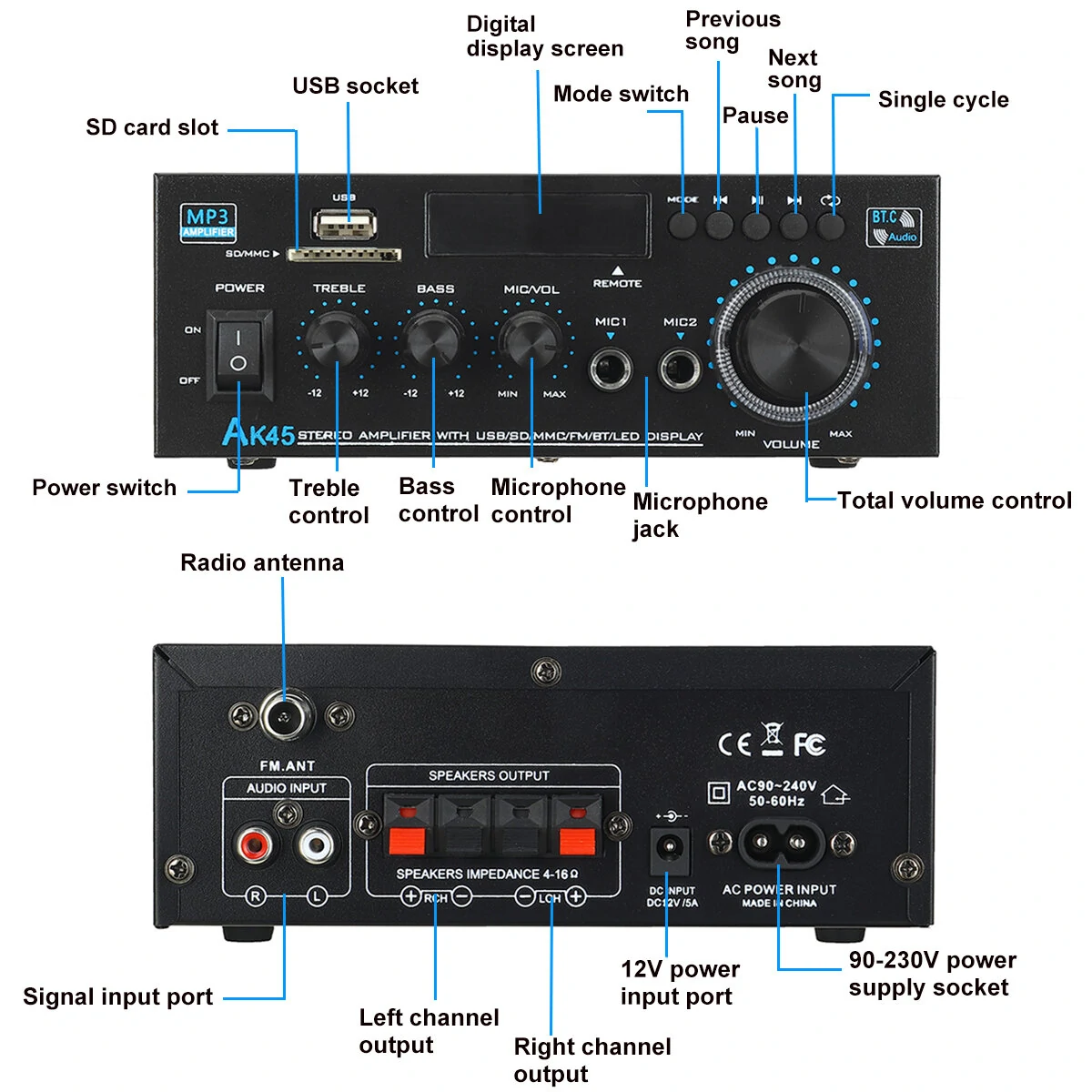 AK45 Power Amplifier bluetooth HiFi Digital Amplifier Max Power 90Wx2 Channel 2.0 Surround Sound AMP Speaker for Home Car — view 4