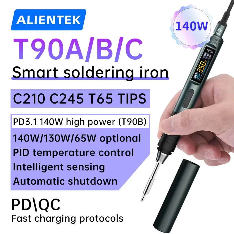 ALIENTEK T90 140W Adjustable Temperature Soldering Iron Type-C Fast Charging 80-450°C High Precision Portable Soldering Tool IPS LCD Display 9-28V PD QC Protocol — view 2