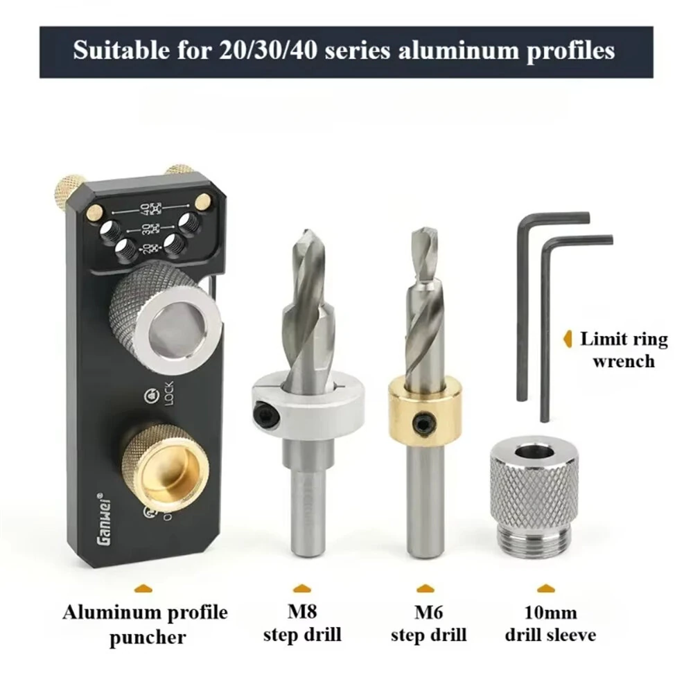 Aluminum Profile Drilling Jig 20/30/40 Series Profile Positioning Punching Locator Set with M6 and M8 Step Drill Bits — view 3