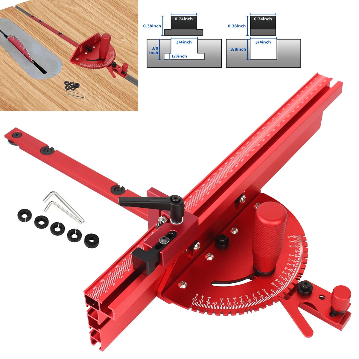 Aluminum Table Saw Miter Gauge with Fence Micro Adjustable Flip Stop for Table Saw Band Saw Router Table Fit 3/8 x 3/4" T Slot for Woodworking Crosscut Miter Cut — view 5