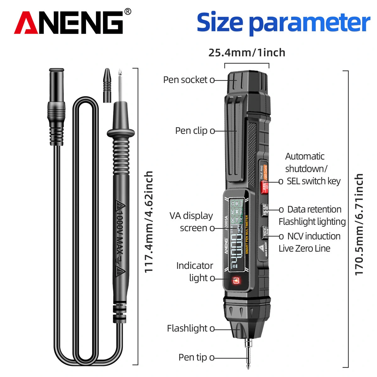 ANENG A3005A A3005APro 4000 Counts Professional Digital Multimeter Pen AC/DC Voltage Hertz Capacitance Resistance Diode Testing Auto Shutdown Essential Tool for Precision Electrical Measurements — view 9