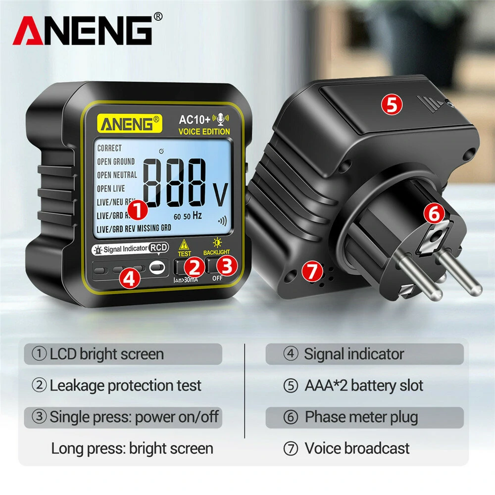 ANENG AC10+ Digital Display Socket with LCD Screen Voice Broadcast Leakage Protection Phase Meter Plug For Reliable Performance- Ideal for Standard Power Outlets — view 6