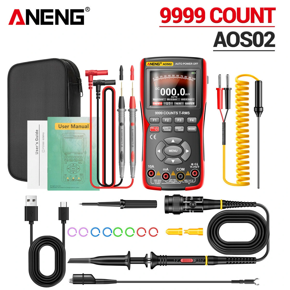 ANENG AOS02 9999 Counts Digital Professional Oscilloscope Multimeter 48M/S 10MHZ PC Waveform Data Storage True RMS Tranistor — ANENG