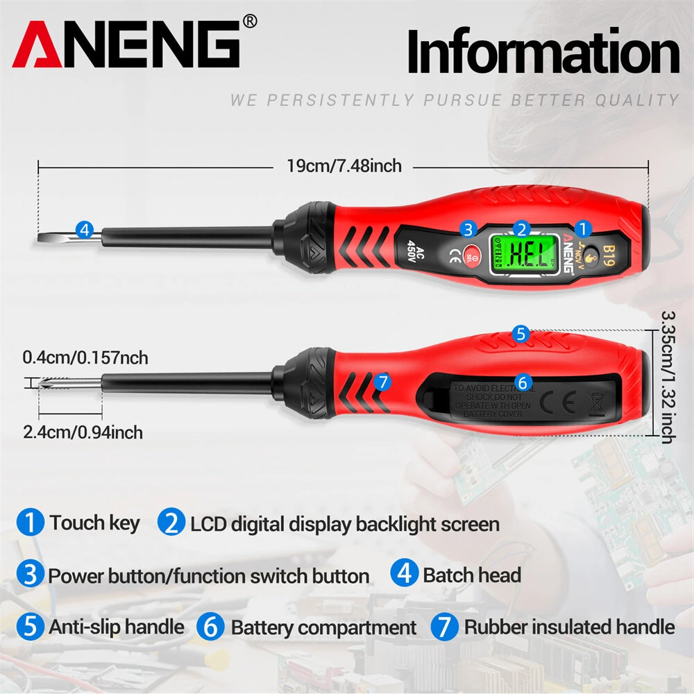 ANENG B19 Voltage Tester Pen Non Contact AC Voltage Detection 30-1000V Digital Display Multi Functional Insulated Handle Screwdriver Electrical Diagnostic Tool — view 5