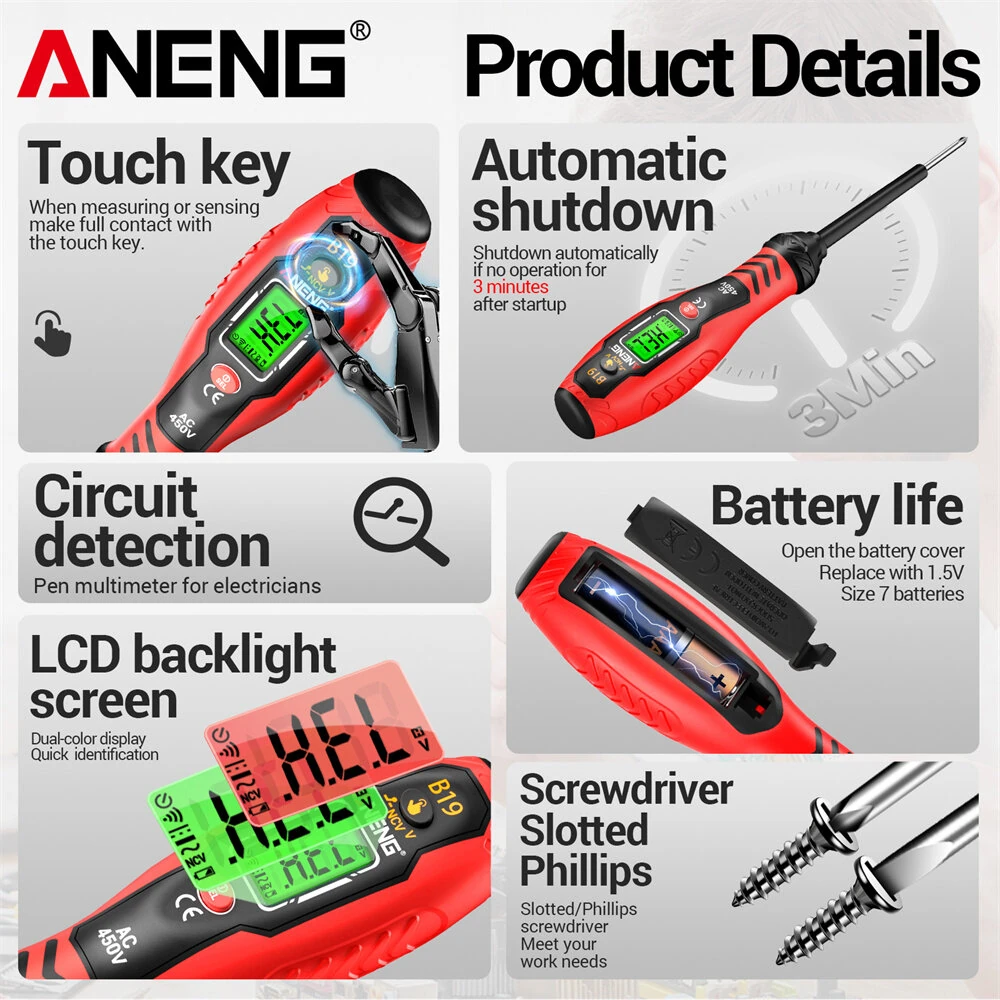 ANENG B19 Voltage Tester Pen Non Contact AC Voltage Detection 30-1000V Digital Display Multi Functional Insulated Handle Screwdriver Electrical Diagnostic Tool — view 7