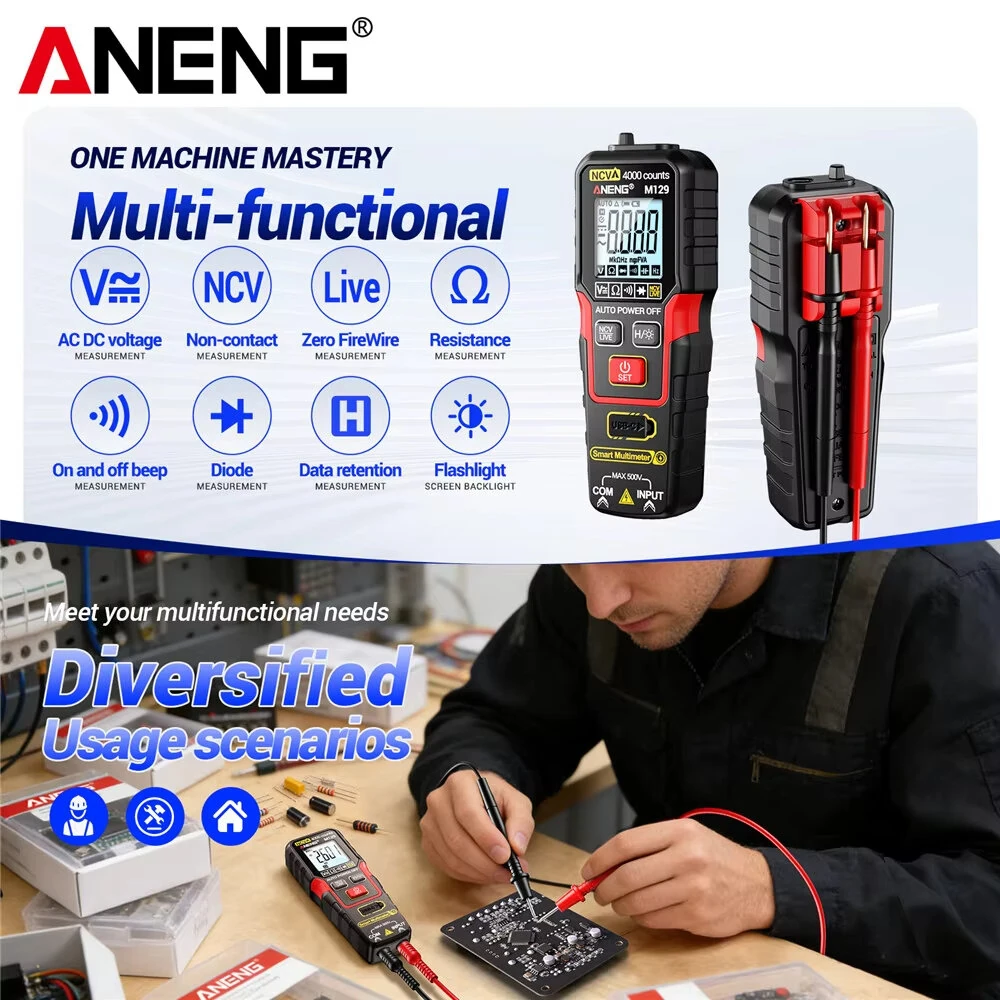ANENG M129 Digital Multimeter 4000 Counts Auto-Ranging Rechargeable AC/DC Voltage Tester Tool with NCV Flashlight — view 2