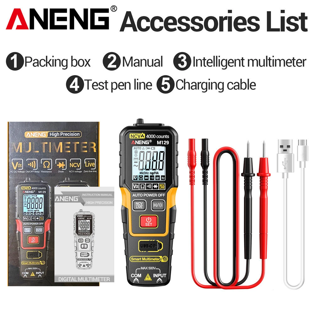 ANENG M129 Digital Multimeter 4000 Counts Auto-Ranging Rechargeable AC/DC Voltage Tester Tool with NCV Flashlight — view 8