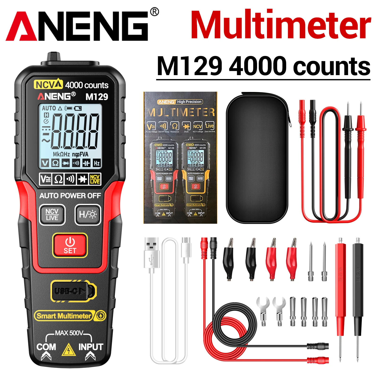 ANENG M129 Digital Multimeter 4000 Counts Auto-Ranging Rechargeable AC/DC Voltage Tester Tool with NCV Flashlight — view 9