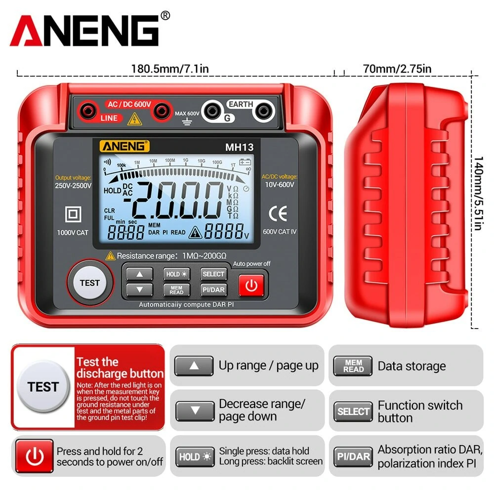 ANENG MH13 Megohmmeter Ohm Tester Digital Multimeter Megometro Insulation Earth High Voltage Resistance Meter Tester Tool — view 6