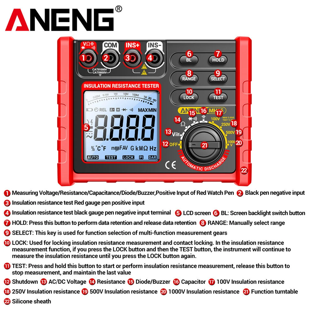 ANENG MH15 Insulation Resistance Tester Digital Megohmmeter AC/DC Voltage 0-750V/1000V Capacitance 0-60mF High Accuracy Multimeter 6000 Counts — view 5