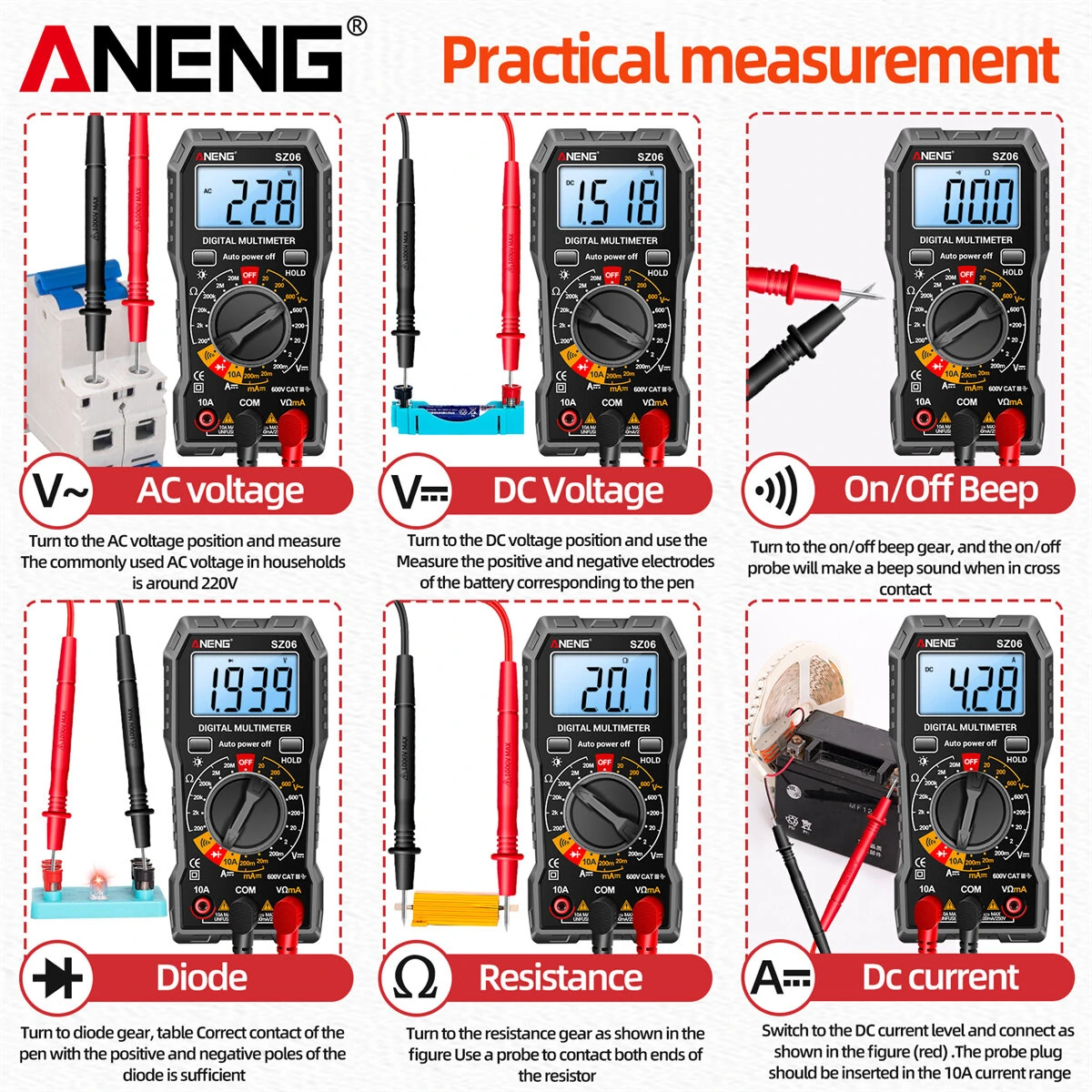 ANENG SZ06 Digital Multimeter High Accuracy DC AC Voltage Current Resistance Tester Auto Shutdown 2000 Max Count Backlit Screen — view 10