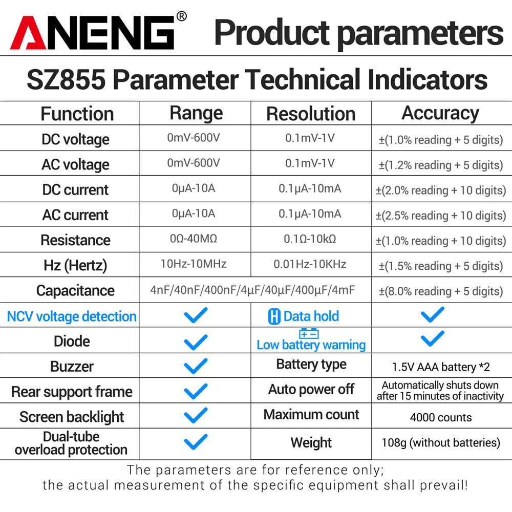 ANENG SZ855 SZ856 Digital Multimeter High-Precision True RMS AC/DC Voltage Current Temperature NCV Non-Contact Voltmeter Ammeter DIY Tester Tool — view 7