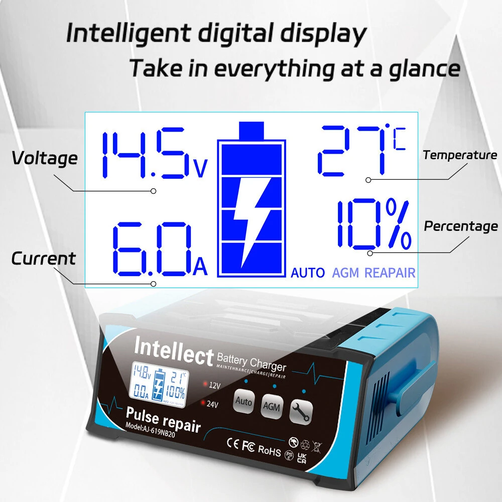 ANJING 200W 12V 11A 24V 7A Intelligent Pulse Repair Battery Charger Lead-Acid Battery High Power Charger for Lead Acid/Water/Dry/Lead-Acid Battery/Start-Stop Battery 619NB20 — view 6