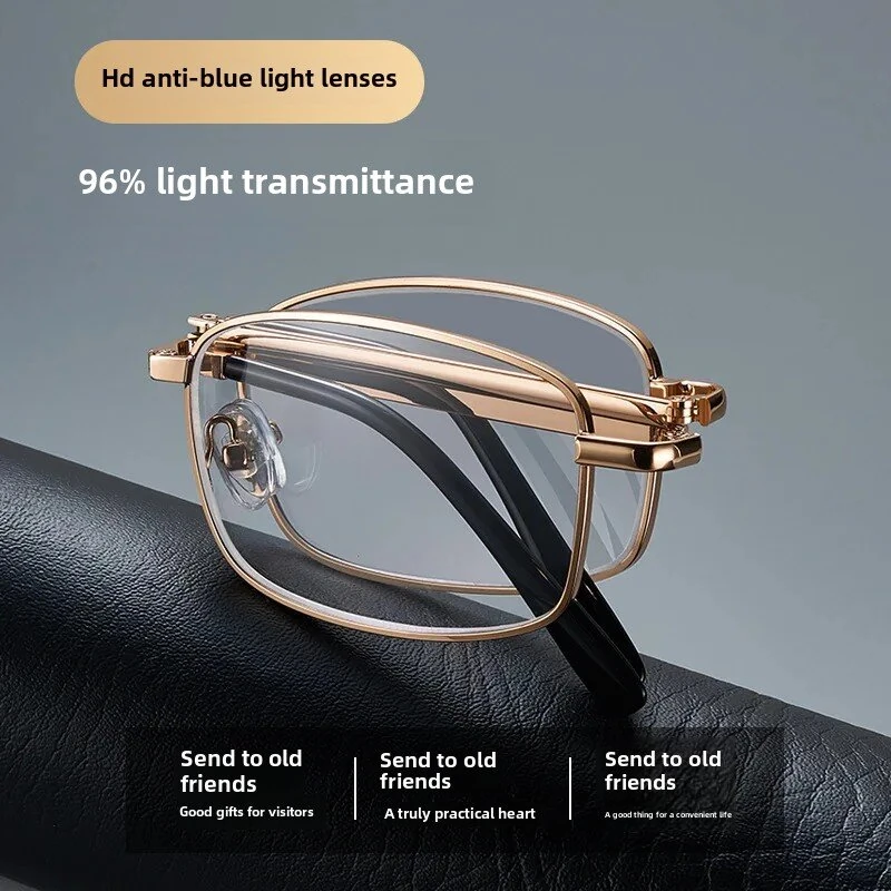 Anti Blue Light Multifocal Reading Glasses, Portable Foldable Presbyopic Glasses for Both Near Far Distances, Gold Frame Eyeglasses — view 2