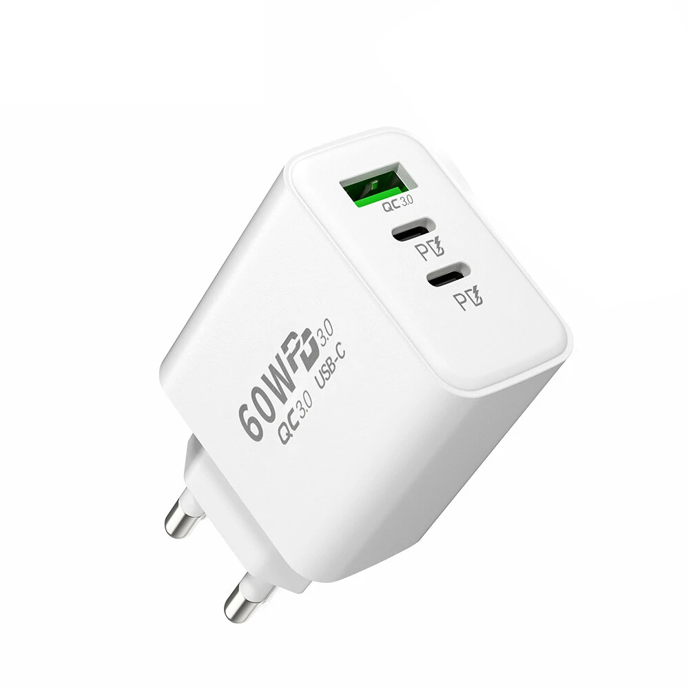 APD-60 60W 3-Port USB PD Charger Dual USB-C+USB-A PD QC3.0 Fast Charging Wall Charger Adapter EU Plug US Plug for iPhone 12 13 14 14Pro 14 Pro Max for Huawei Mate50 for Samsung Galaxy S23 for Redmi K60 — Pricio