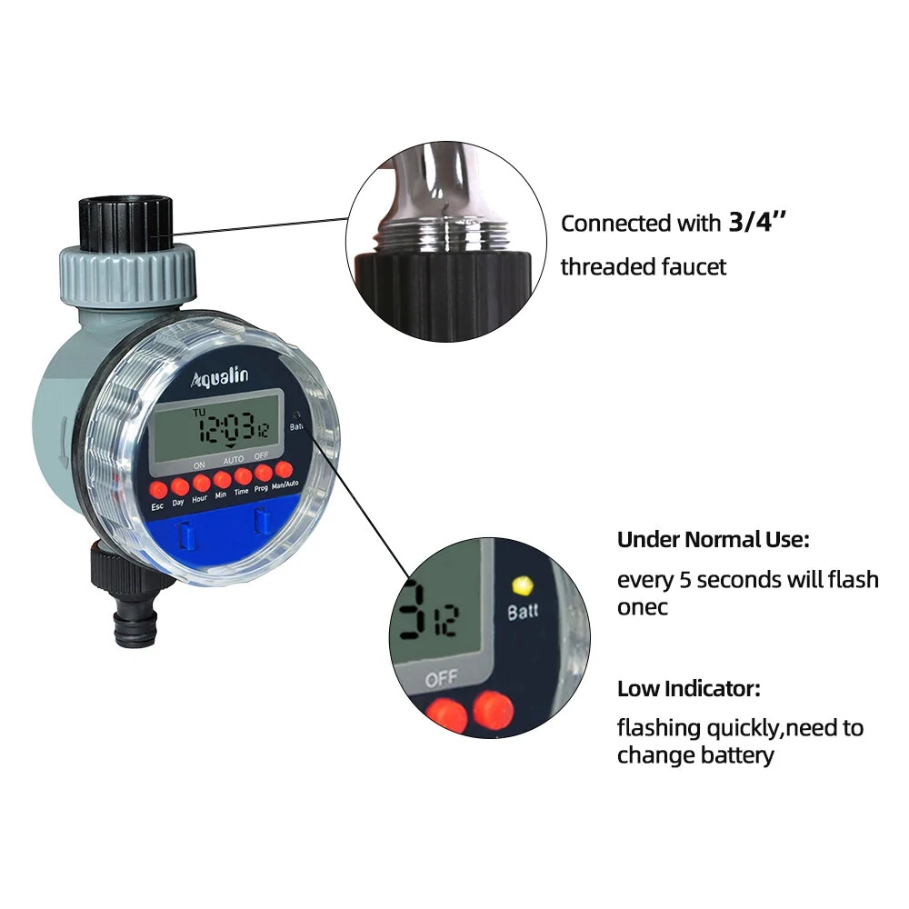Aqualin Automatic LCD Display Watering Timer Electronic Home Garden Ball Valve Water Timer For Garden Irrigation Controller 21026/21026A/21526 — view 4