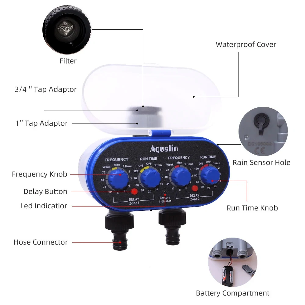 Aqualin Ball Valve Two Outlet Automatic Garden Irrigation Controller with Four-Dials Water Timer 0 Pressure Waterproof High-Impact Construction Ideal for Efficient Watering Management — view 3