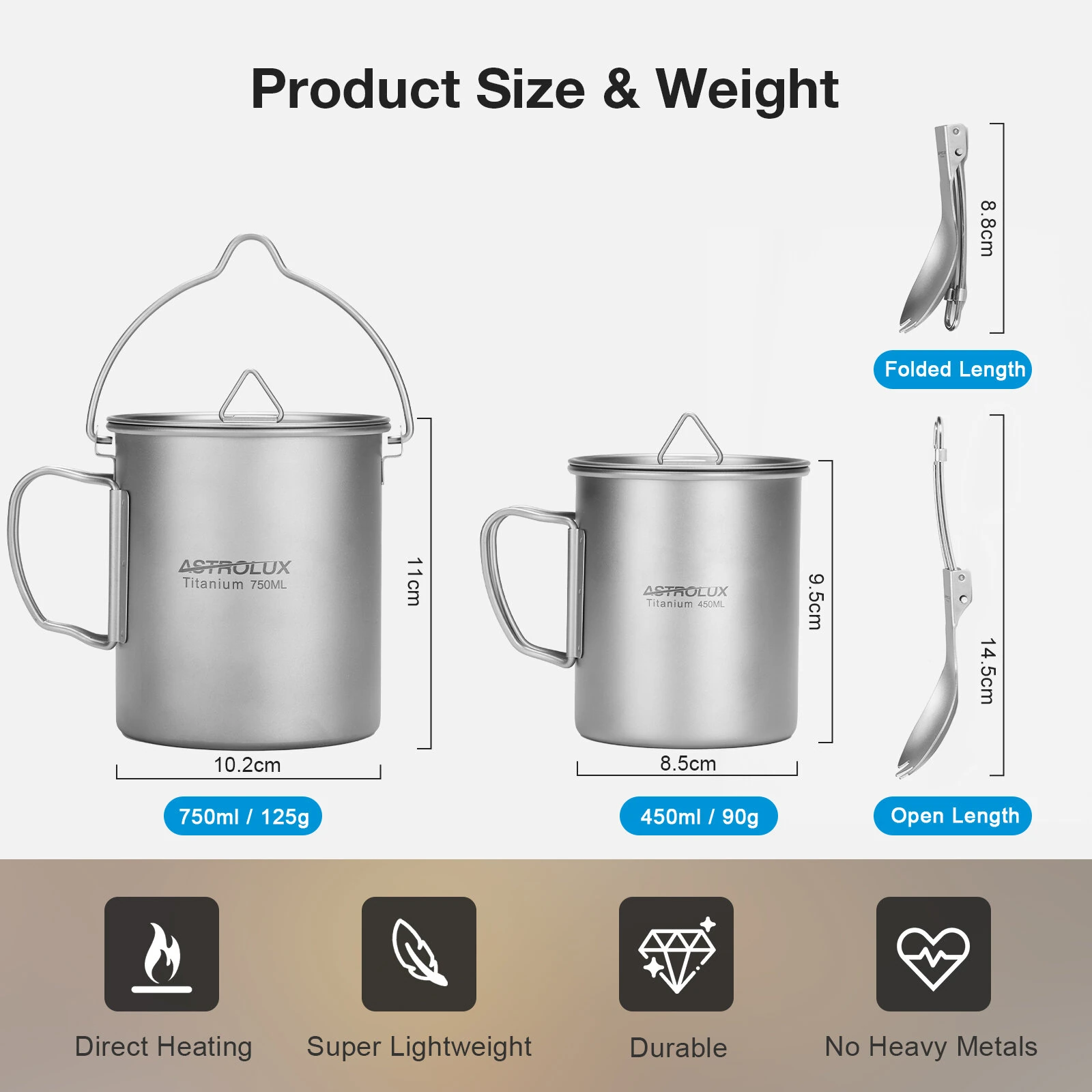 Astrolux® Ti-M1 Titanium Mug Titanium Pot Lightweight Camping Pot Titanium Cup Titanium Backpacking Pot with Portable Foldable Handles for Outdoor Camping Hiking Backpacking — view 10