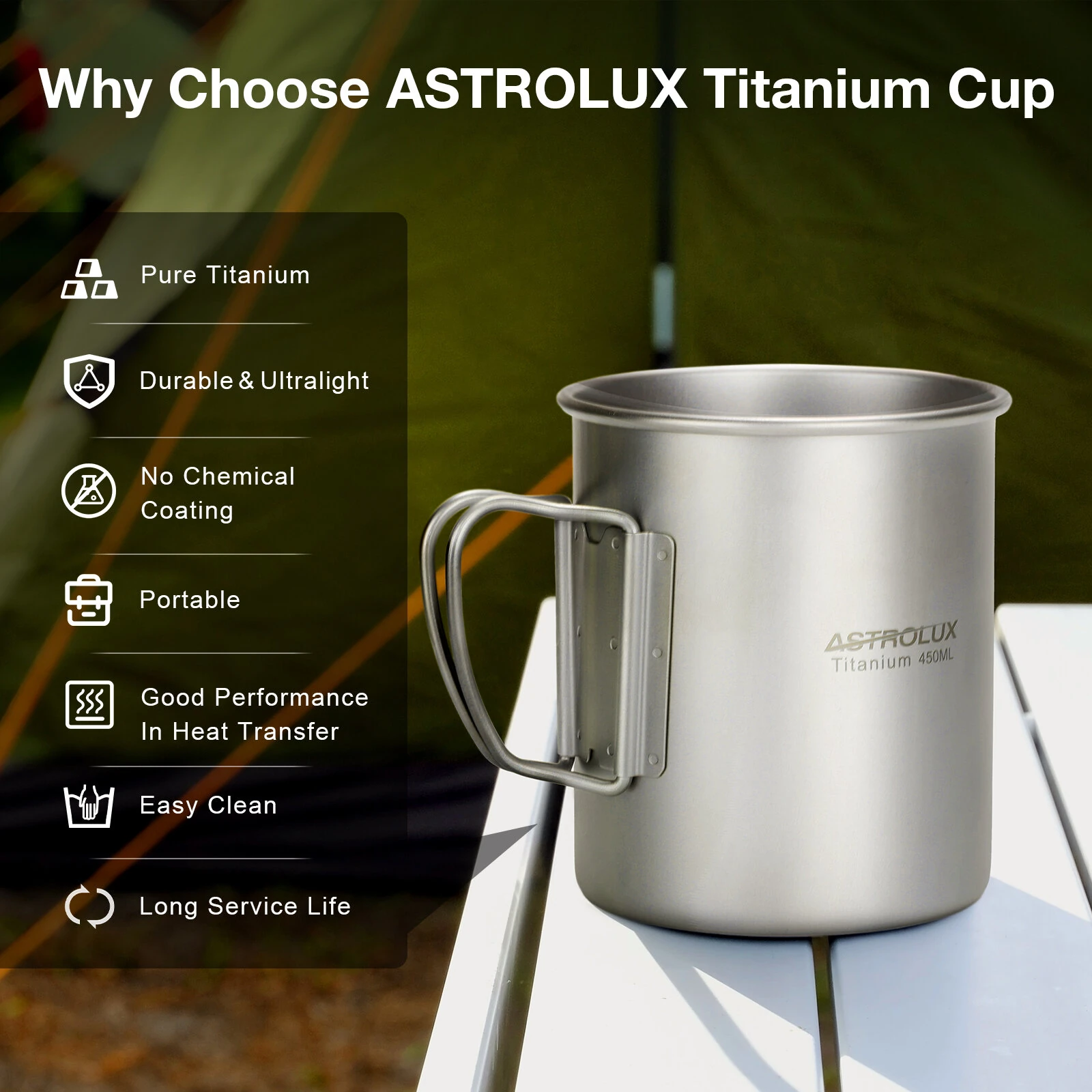 Astrolux® Ti-M1 Titanium Mug Titanium Pot Lightweight Camping Pot Titanium Cup Titanium Backpacking Pot with Portable Foldable Handles for Outdoor Camping Hiking Backpacking — view 3