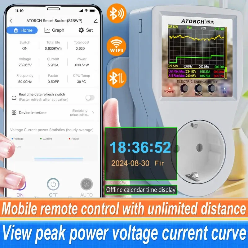 ATORCH S1BWP WiFi Smart Metering Socket AC85-265V 16A Power Monitor Tuya App Remote Control Bluetooth Enabled — view 3
