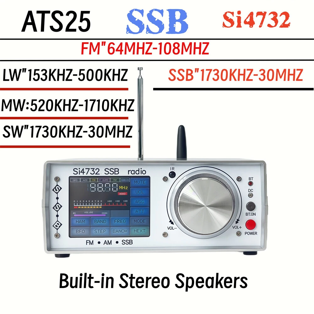 ATS-25 Full Band Radio Receiver Touch Screen Bluetooth RCA Stereo Output Rechargeable Lithium Battery Adjustable Bandwidth SSB FM SW MW LW — view 2