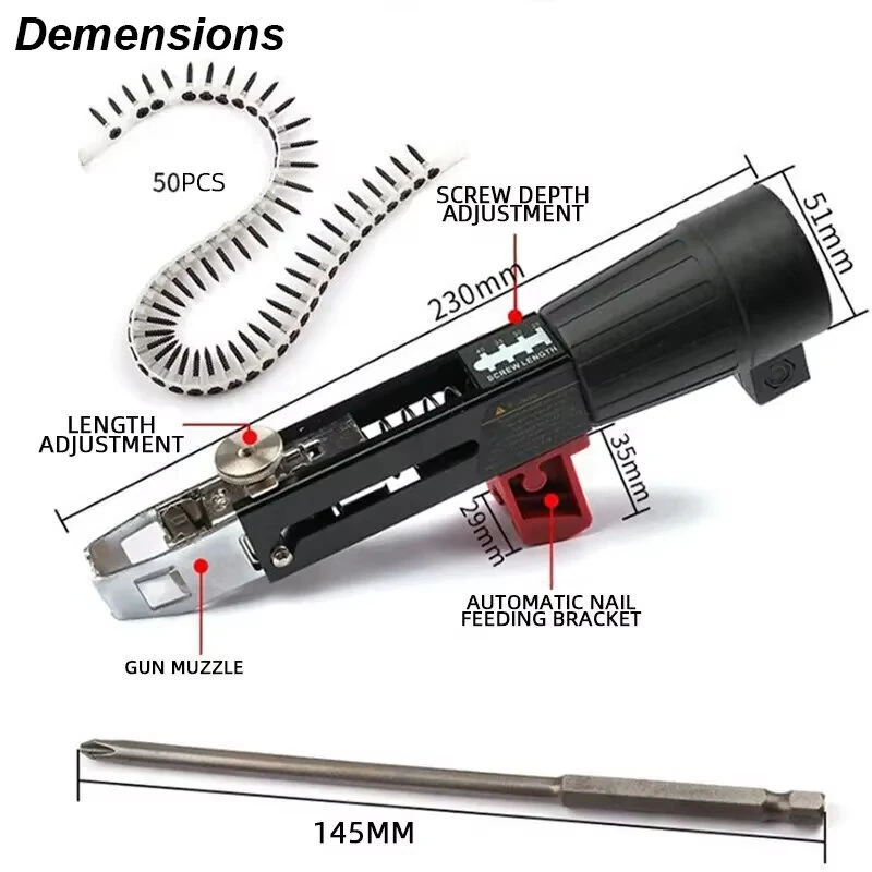 Automatic Chain Screw Gun Adapter For Electric Drill Adjustable Depth Nail Gun Attachment Woodworking Power Tool Part With 50 Screws And Bit — view 6
