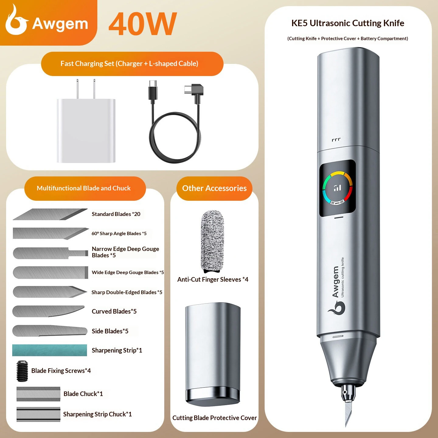 Awgem KE5 Cordless Ultrasonic Cutter 45W 2-in-1 Cutting & Grinding Tool with Replaceable 3000mAh Battery 5 Adjustable Speeds — view 4