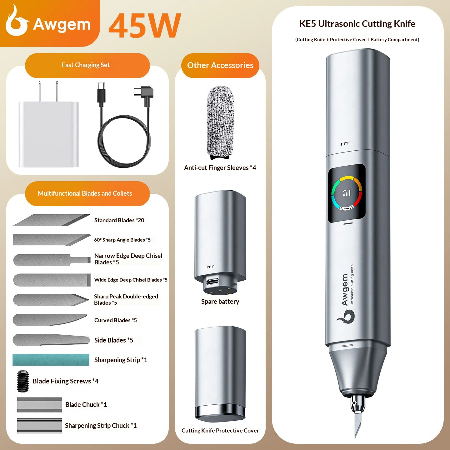 Awgem KE5 Cordless Ultrasonic Cutter 45W 2-in-1 Cutting & Grinding Tool with Replaceable 3000mAh Battery 5 Adjustable Speeds — view 5