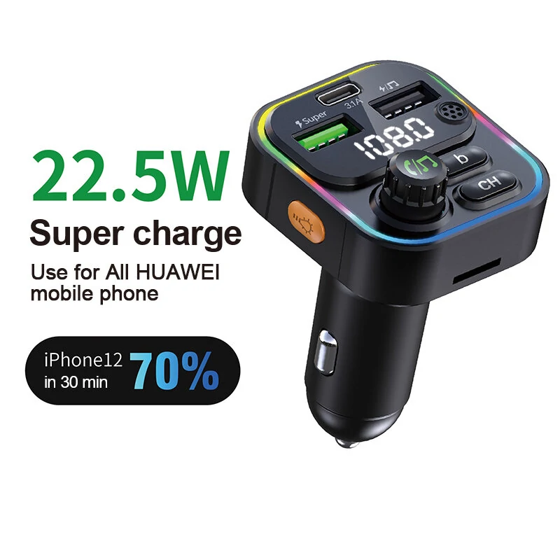 Bakeey 22.5W 2 Usb-As +PD Port FM Bluetooth Transmitter Fast Charging Car Charger Wireless Handsfree Car Mp3 Player For Mobile Phone