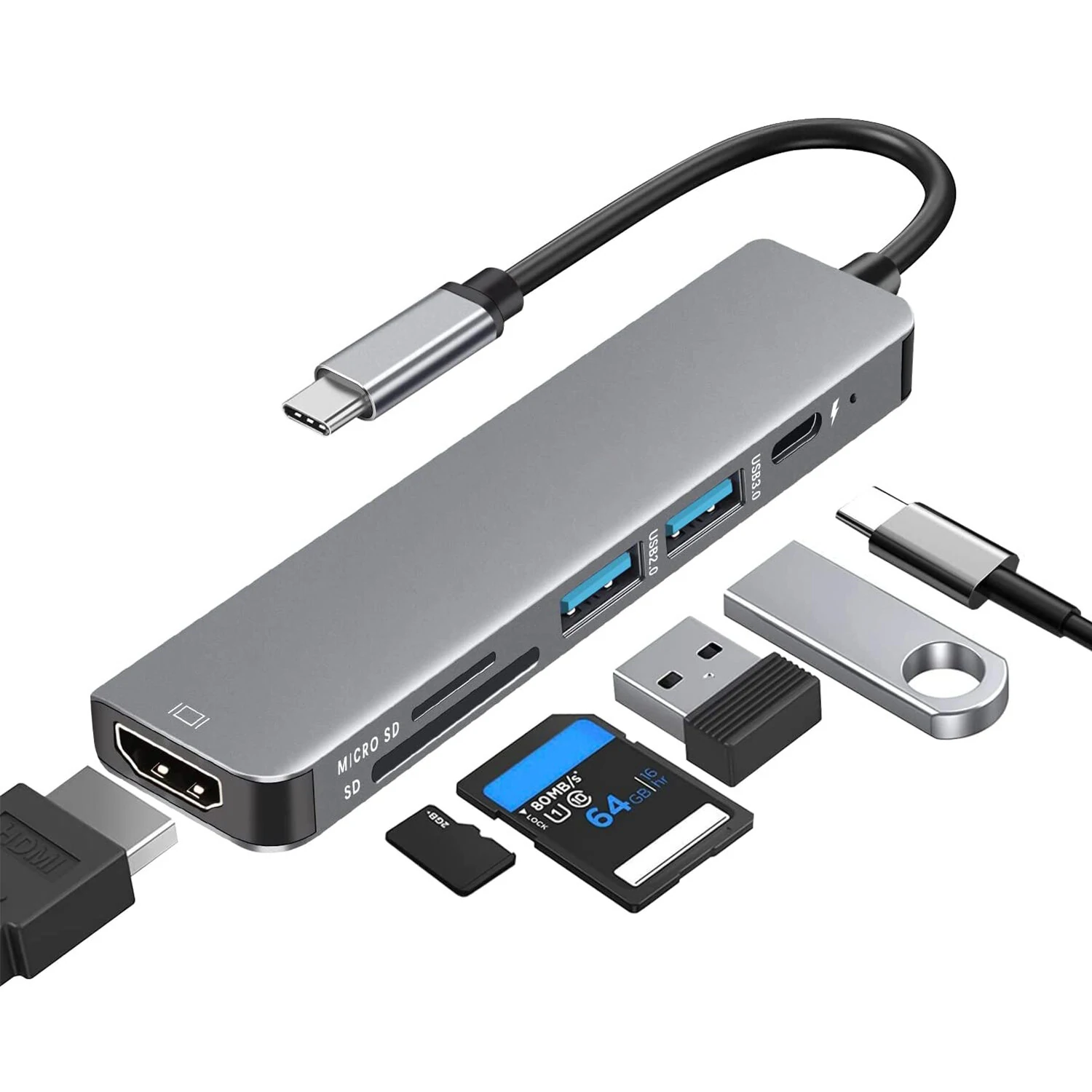 Bakeey 6-in-1 USB-C Hub Adapter HDMI 4K@30Hz USB3.0 USB-C  Docking Station 100W PD Charging SD Reader Witch Splitter for Apple Huawei Laptops Macbook — Bakeey