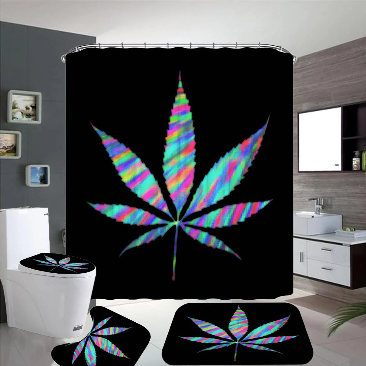 Bakeey Plant Leaves Printed Curtain For Bathroom Shower Anti-slip Bath Mat Sets Toilet Cover Kitchen Carpet-4-piece Set — Bakeey
