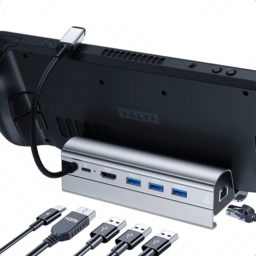 Bakeey Steam Deck Dock 6 in 1 Steam Deck Docking Station Stand Accessories 3*USB 3.0 HDMI 4K@60Hz Gigabit Ethernet 1000Mbps PD 60W Hub — Bakeey
