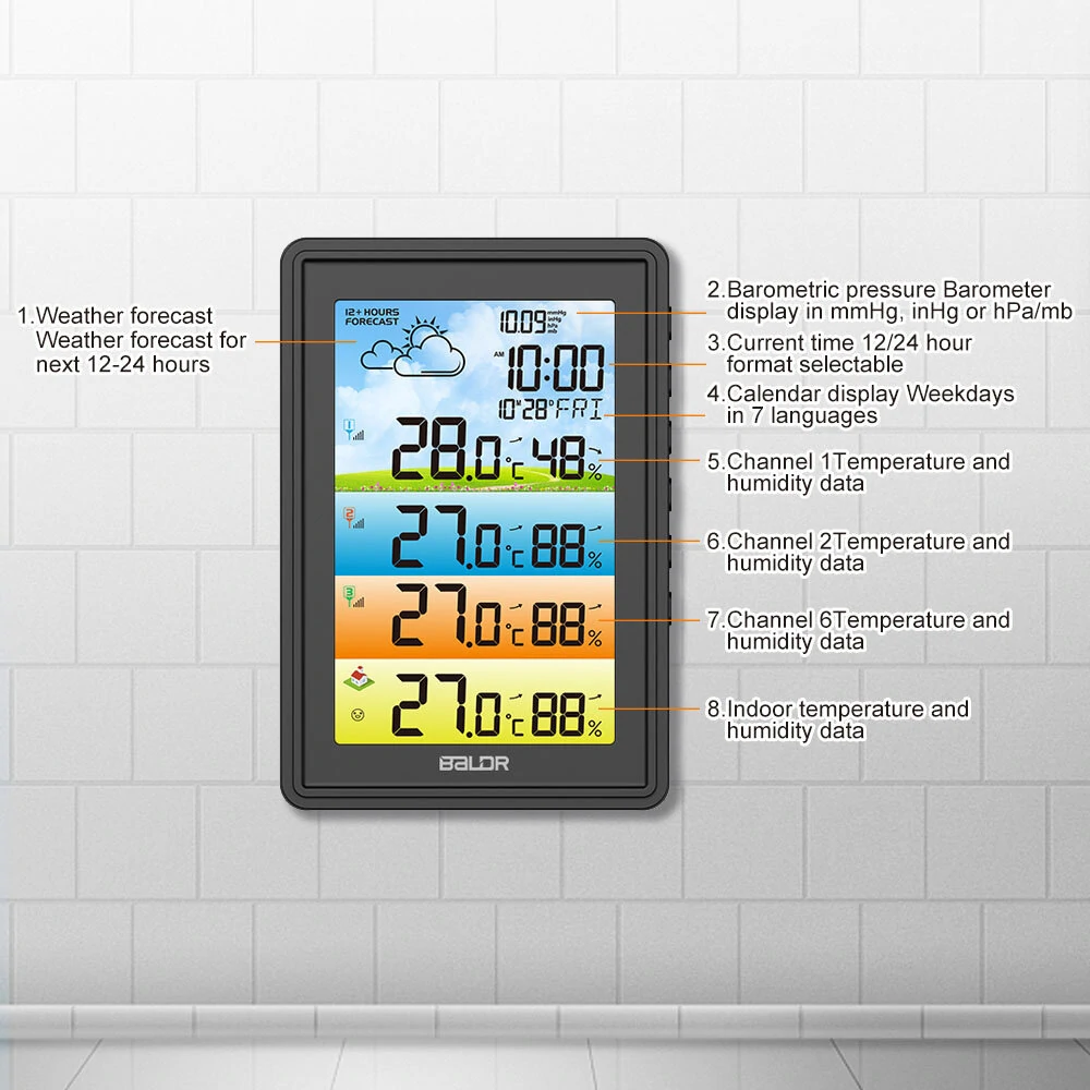 BALDR 3 Sensors Weather Station Wireless Indoor Outdoor Thermometer with Alarm Clock / Calendar / Weather Forecast — view 7