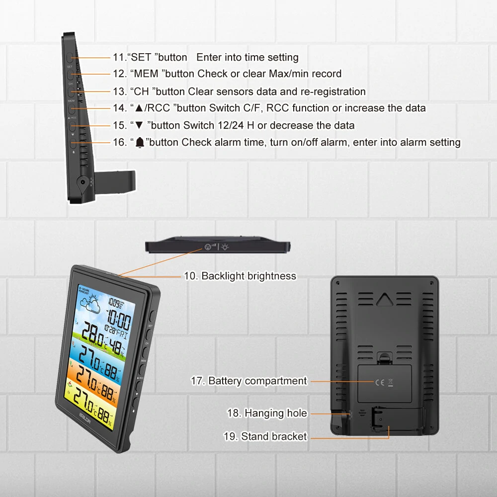 BALDR 3 Sensors Weather Station Wireless Indoor Outdoor Thermometer with Alarm Clock / Calendar / Weather Forecast — view 8
