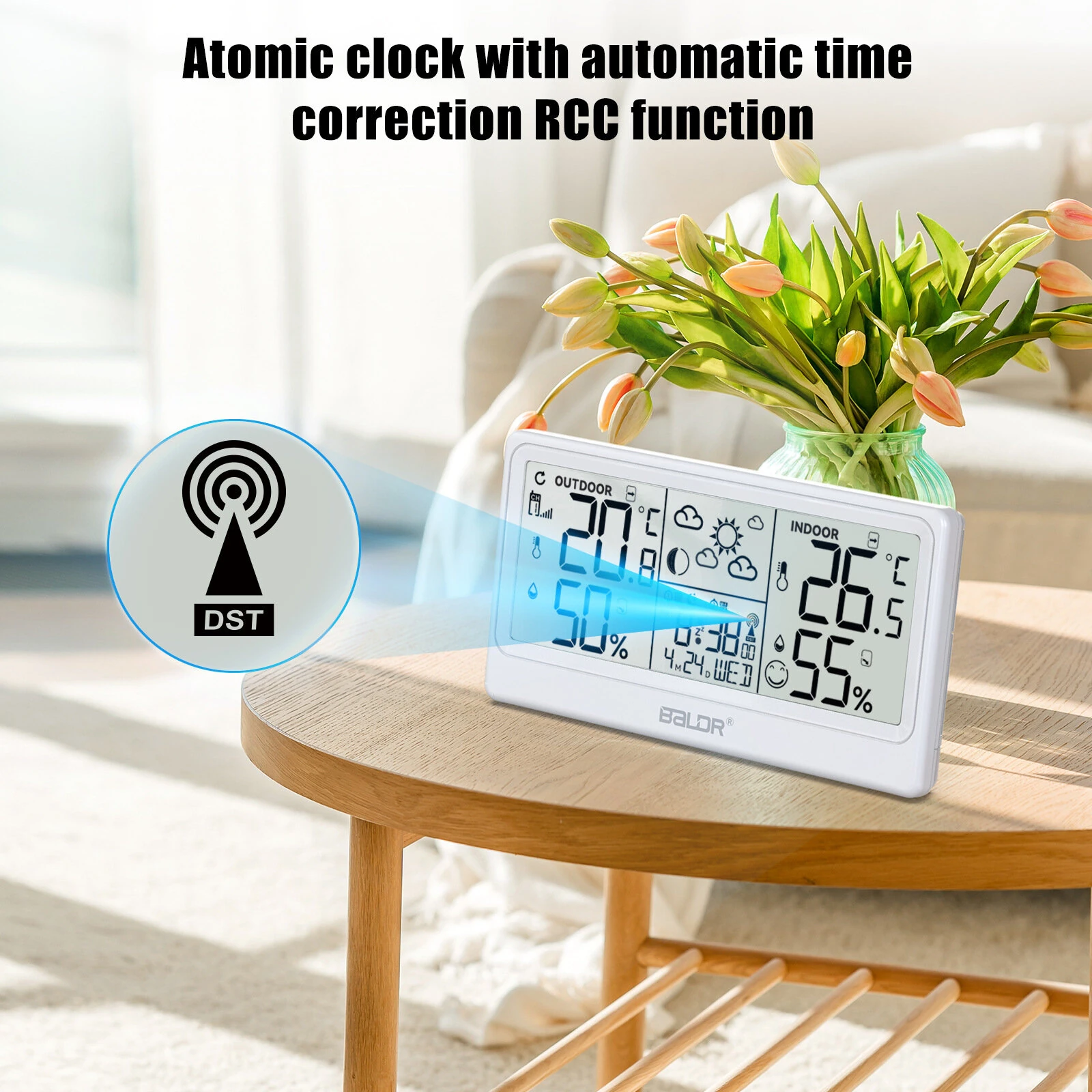 BALDR 8.5" LCD Screen Weather Station RCC Alarm Clock Digital Temperature Humidity Meter Weather Forecast Calendar Moon Phases Wireless Forecast Sensor — view 3