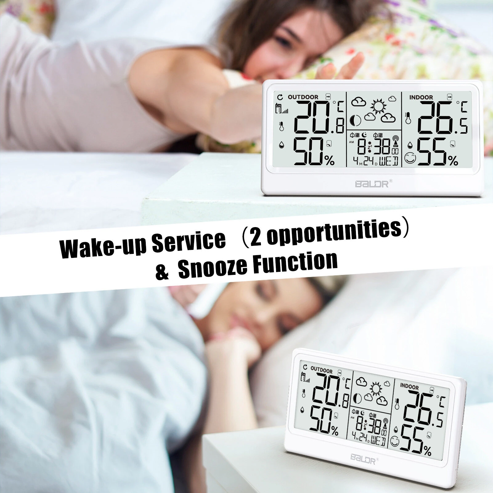 BALDR 8.5" LCD Screen Weather Station RCC Alarm Clock Digital Temperature Humidity Meter Weather Forecast Calendar Moon Phases Wireless Forecast Sensor — view 6
