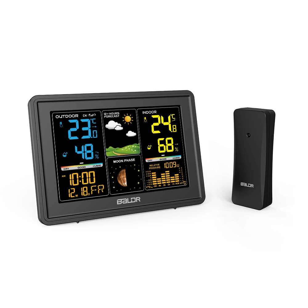BALDR Wireless Weather Station Digital Display Alarm Clock Calendar Temperature Hygrometer Meter Weather Forecast Radio Wave Moon Phase Barometer Sensor