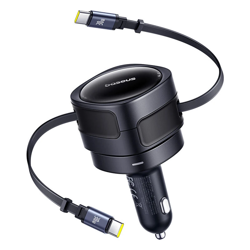 Baseus BSCC-TX-0-CC 60W 2-Port USB PD Car Charger Adapter Built-in Type-C+Type-C Retractable Cable Support PD QC SCP AFC PPS Fast Charging for iPhone 16 15 Pro 14 13 12 Pro Max for Samsung Galaxy Z Flip6 for Xiaomi 15pro for Huawei Mate XT — Baseus