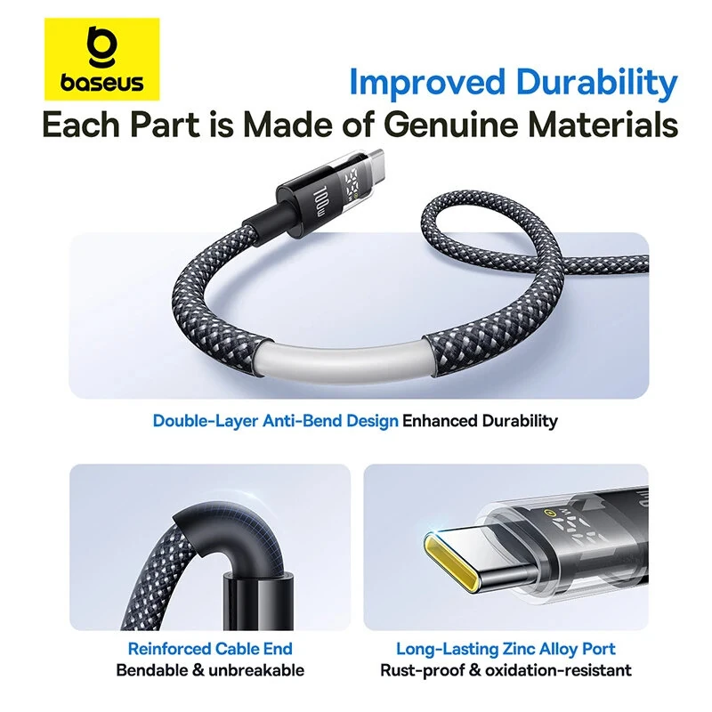 Baseus Display 2 PD100W Type-C to Type-C LED Display Cable Fast Charging Data Transmission Tin-plated Copper Core Line 1M/2M Long for iPhone 16 16 Pro 15 Pro Max for Huawei Mate XT for Xiaomi 15pro for Samsung Galaxy Z Flip6 — view 5