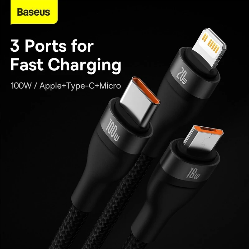 Baseus Flash Series II 100W USB-A/Type-C to Micro/iP/Type-C Cable PD QC Fast Charging Data Transmission Tinned Copper Core Line 1.2M Long for iPhone 15 14 13 for Samsung Galaxy S24 for Xiaomi Civi 4 Pro for Huawei Pura 7 Ultra — view 3