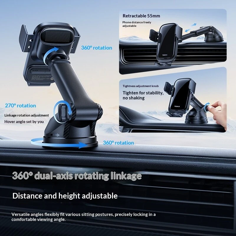 Baseus PrimeTrip VL1 Solar Powered Automatic Car Phone Holder with Auto Sensor Clamp 360° Rotation 300mAh Battery Central Console Mount Bracket Universal Compatible for 5.4-7.2 Inch Smartphones — view 3