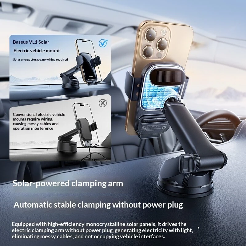 Baseus PrimeTrip VL1 Solar Powered Automatic Car Phone Holder with Auto Sensor Clamp 360° Rotation 300mAh Battery Central Console Mount Bracket Universal Compatible for 5.4-7.2 Inch Smartphones — view 6