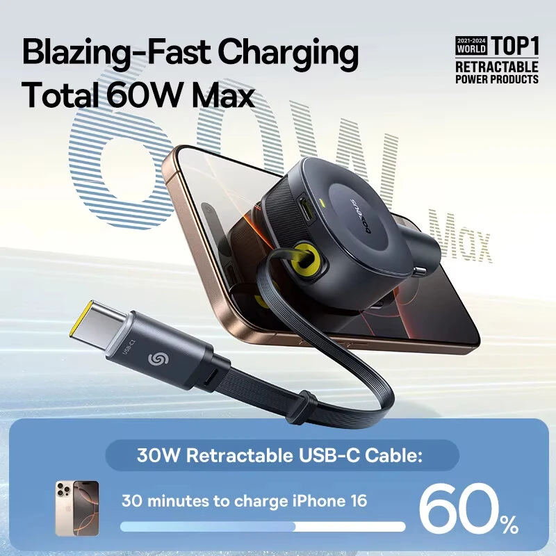 Baseus PrimeTrip VR2 30W 2-Port USB Car Charger Come with Type-C Retractable Cable Fast Charging 360° Rotation for iPhone 17 17Pro 16 15 Pro Max for Huawei Mate XTs for Xiaomi 17pro for VIVO for OPPO — view 3