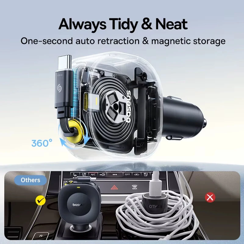 Baseus PrimeTrip VR2 30W 2-Port USB Car Charger Come with Type-C Retractable Cable Fast Charging 360° Rotation for iPhone 17 17Pro 16 15 Pro Max for Huawei Mate XTs for Xiaomi 17pro for VIVO for OPPO — view 5