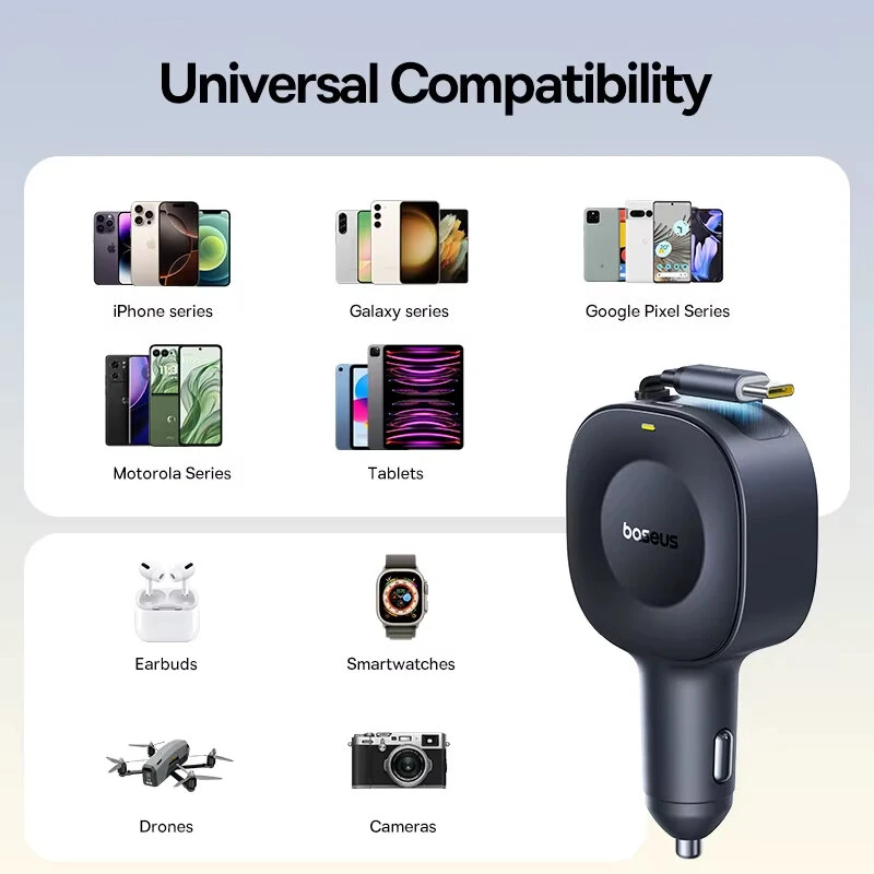 Baseus PrimeTrip VR2 30W 2-Port USB Car Charger Come with Type-C Retractable Cable Fast Charging 360° Rotation for iPhone 17 17Pro 16 15 Pro Max for Huawei Mate XTs for Xiaomi 17pro for VIVO for OPPO — view 7
