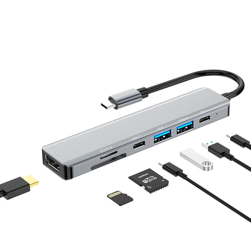 Basix 7-in-1 Type-C Docking Station USB-C Hub Splitter Adaptor with USB3.0*2 USB-C Data PD87W USB-C 4K@30Hz HDMI SD/TF Card Reader Slot Multiport Hub for PC Laptop Phone — Basix