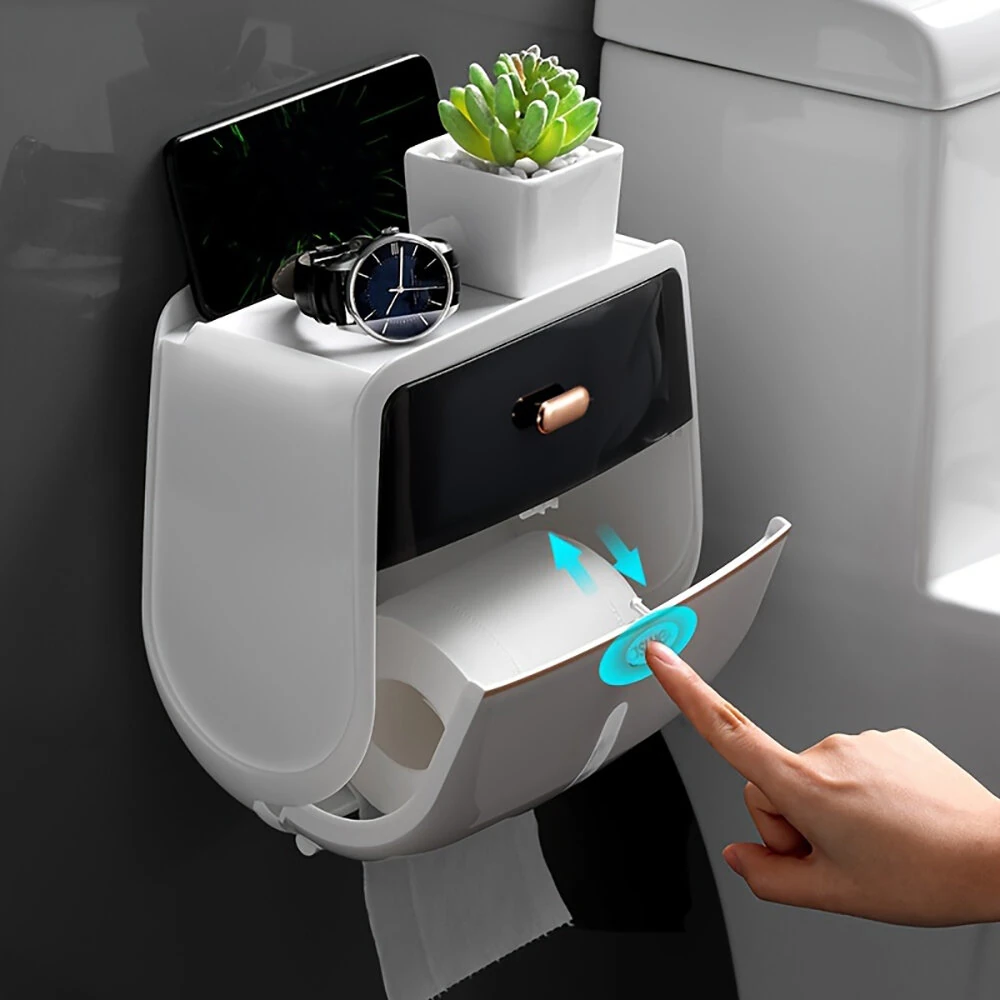 Bathroom Organizer Shelf Wall Mount Toilet Paper Holder Large Capacity Wall-mounted Double-layer Toilet Paper Holder No Drilling Installation Waterproof Paper Towel Storage Box Suitable for Bathroom Organization — Bathroom